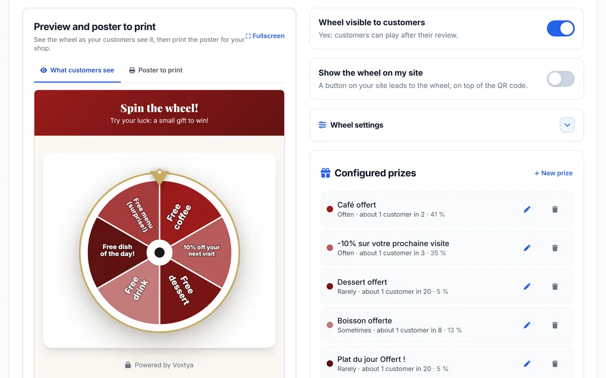 Voxtya wheel of fortune to collect reviews: preview of the wheel customers see and configured prizes (free coffee, free dessert)