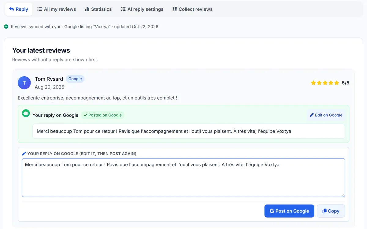 Voxtya “Reply to reviews” screen with the Google listing linked: a customer review, the reply “Posted on Google” and the “Post on Google” button to edit it