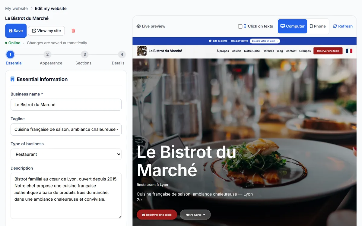 Voxtya website editor: restaurant details on the left and live preview of the website on the right