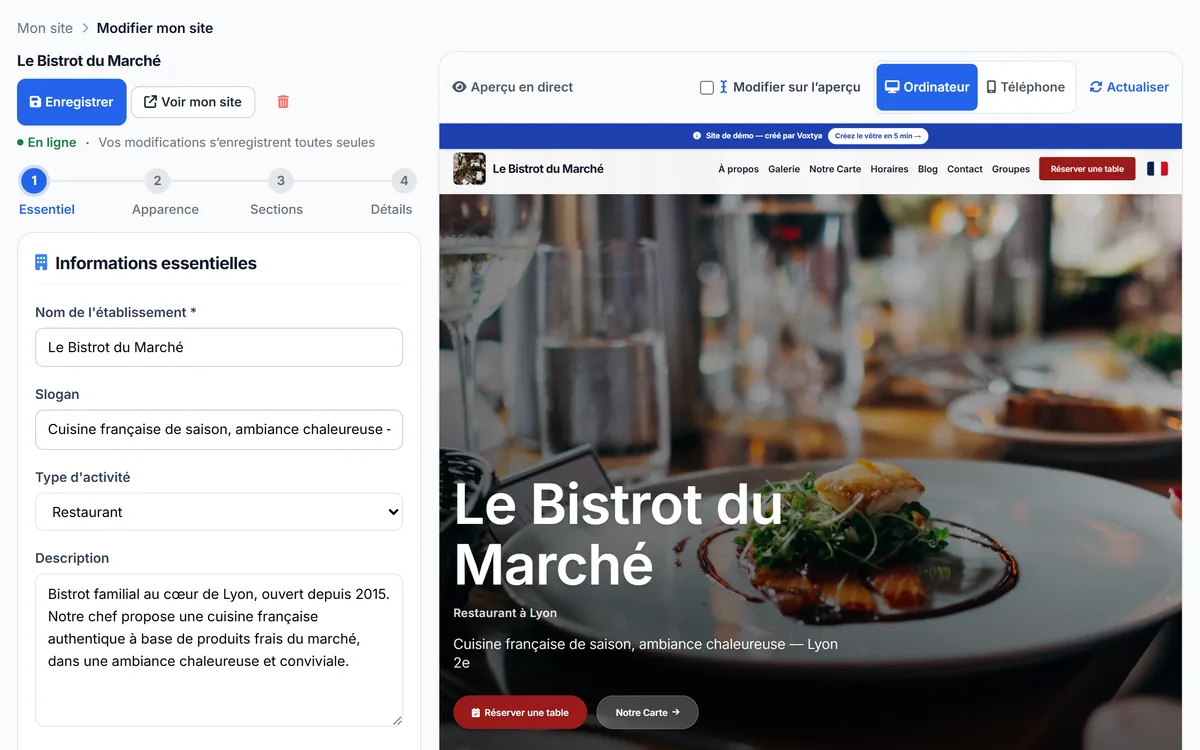 Éditeur de site Voxtya : informations du restaurant à gauche et aperçu en direct du site internet à droite