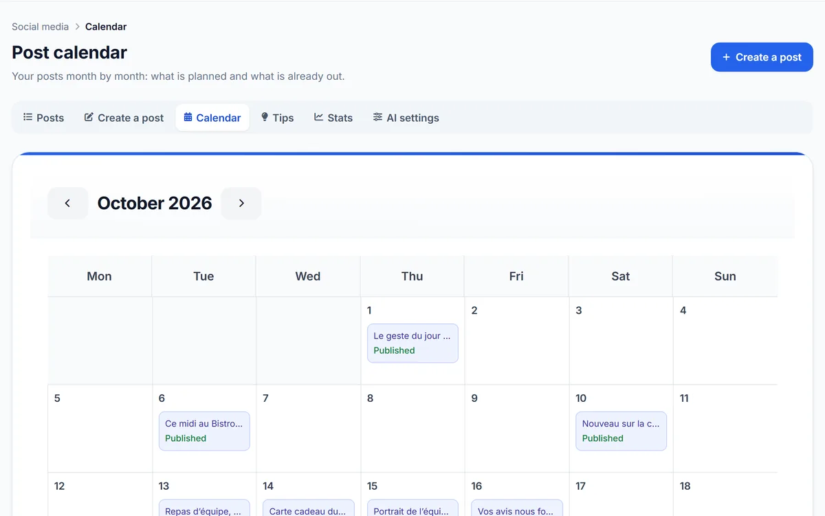 Voxtya post calendar: published posts and drafts for October