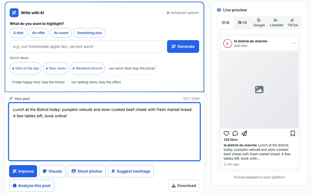 Voxtya social media studio: a restaurant post text and its live Instagram preview