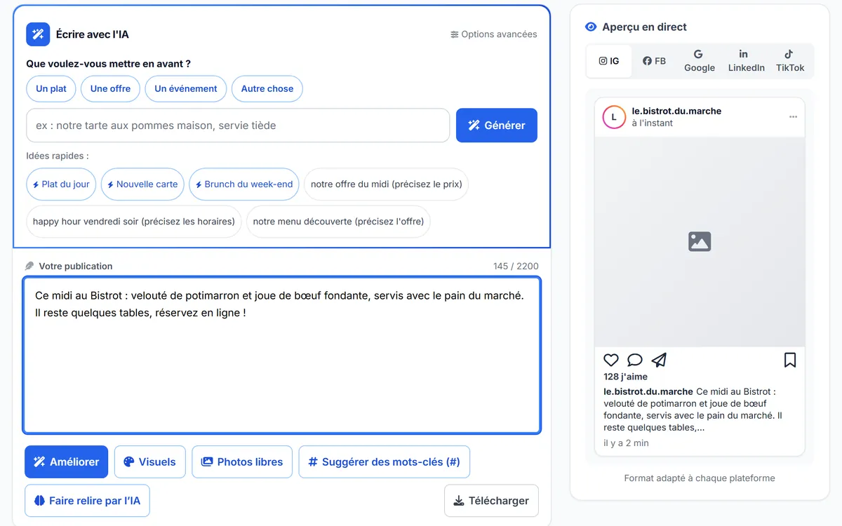 Studio réseaux sociaux de Voxtya : texte d’une publication du restaurant et aperçu Instagram en direct